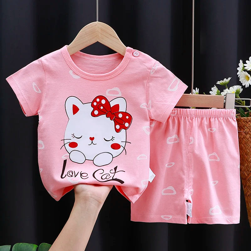 Summer Cotton Outfit Cartoon T Shirt Shorts Set